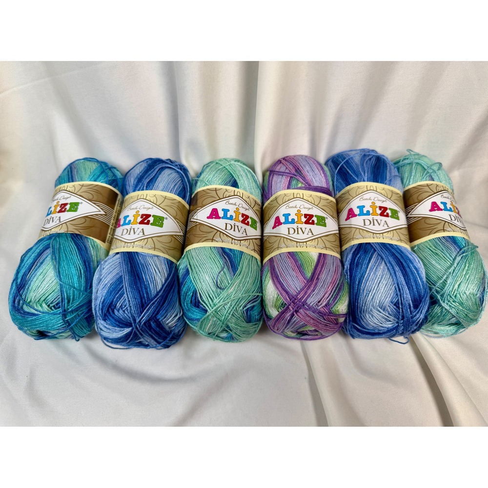 Alize Diva Batik Design Yarn Lot 6 Skeins Microfiber Acrylic Blue Purple Teal